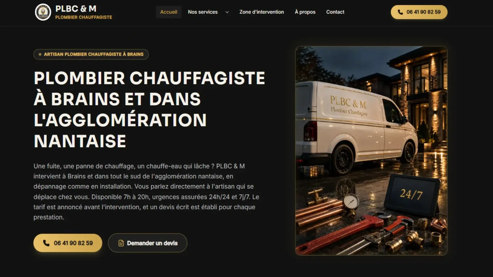 Page d'accueil du site de PLBC & M, plombier chauffagiste à Brains