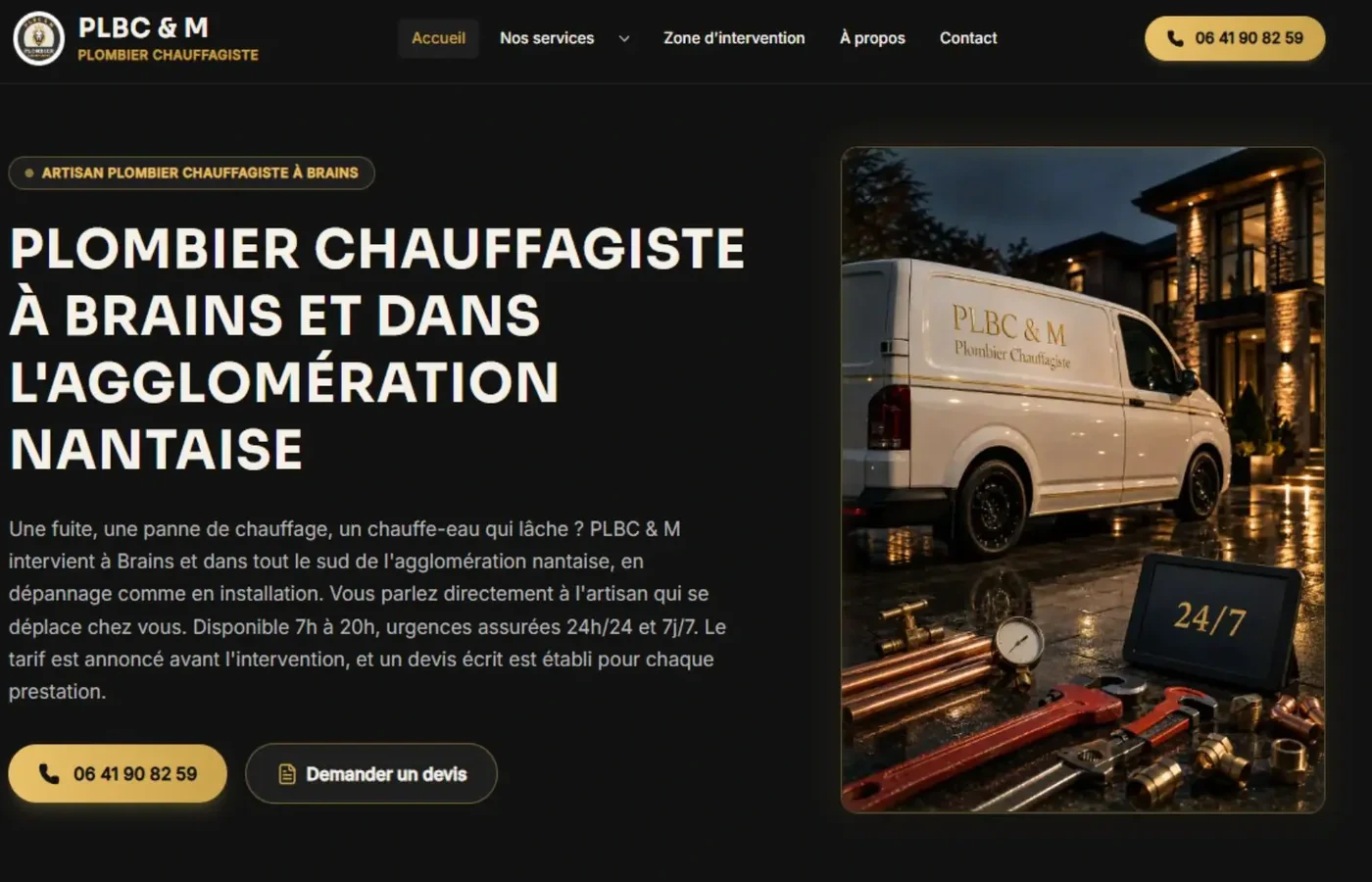 Page d'accueil du site de PLBC & M, plombier chauffagiste à Brains