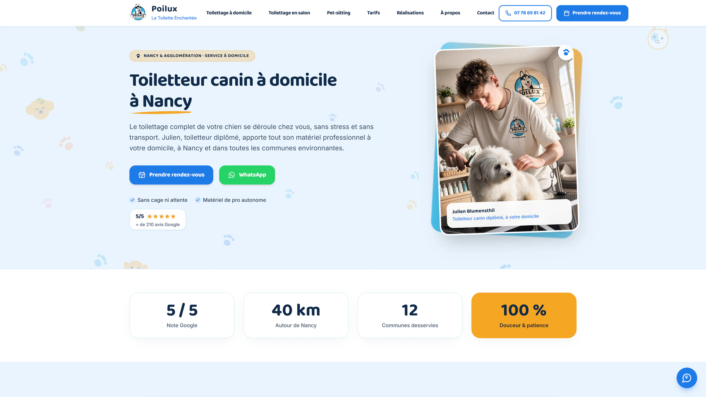 Page d'accueil du site de Poilux, toiletteur canin à domicile à Nancy