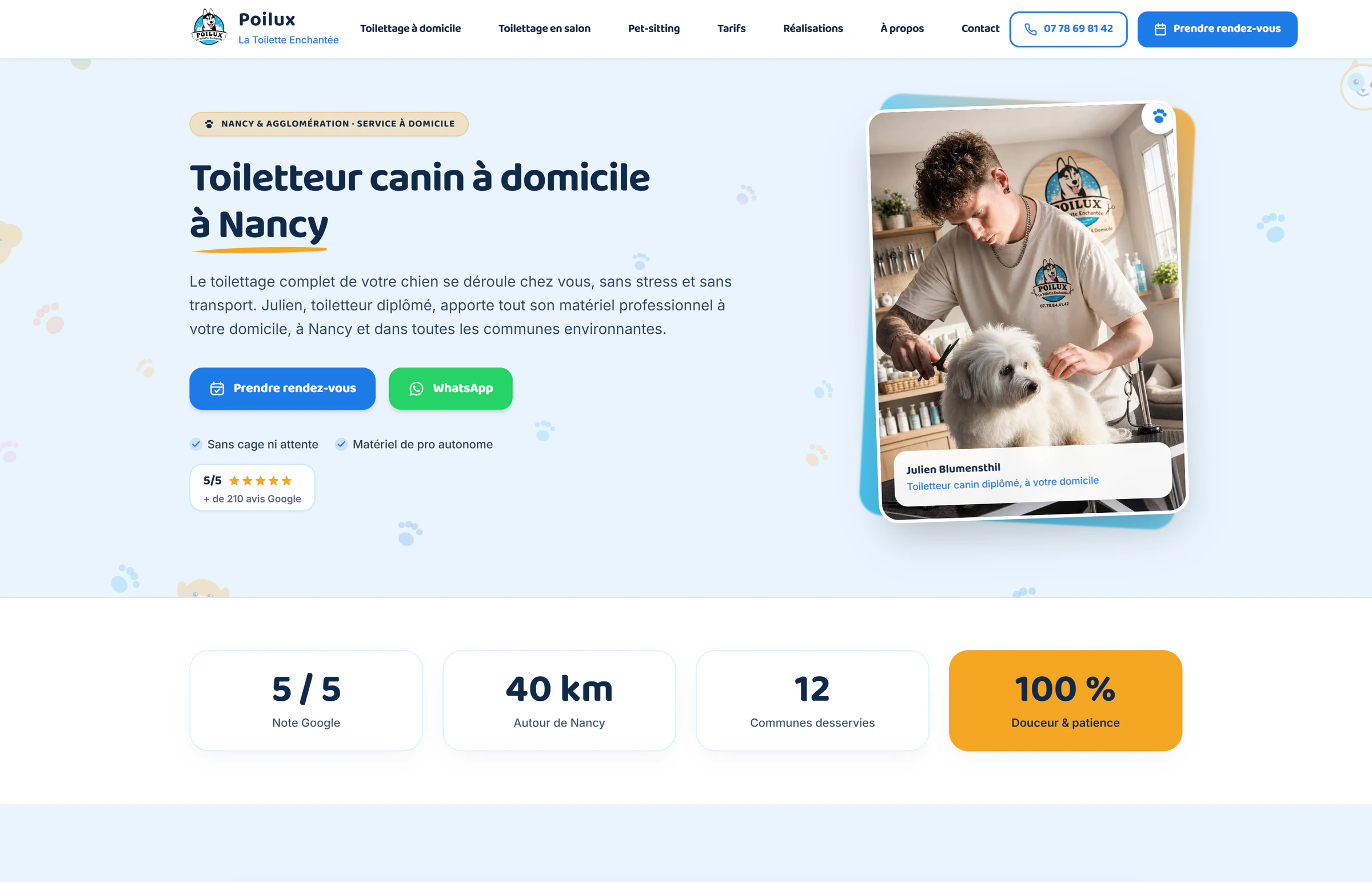 Page d'accueil du site de Poilux, toilettage canin à domicile à Nancy