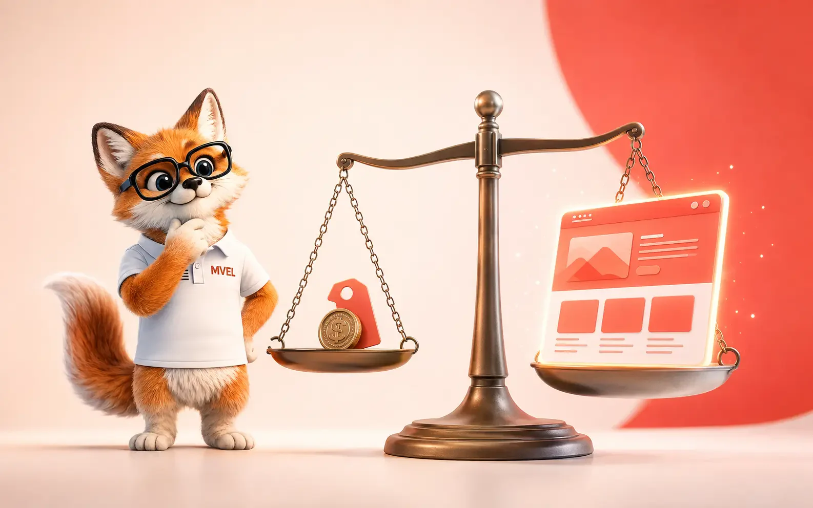 La mascotte renard de Ma Vitrine En Ligne à côté d'une balance qui pèse le prix d'un site internet