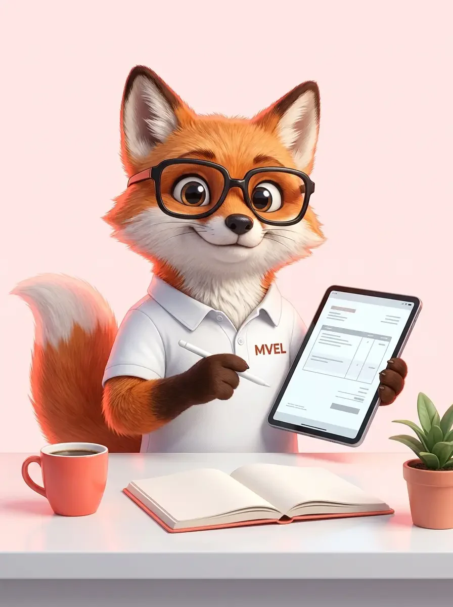 La mascotte renard de Ma Vitrine En Ligne relit un devis sur une tablette, un stylo à la main