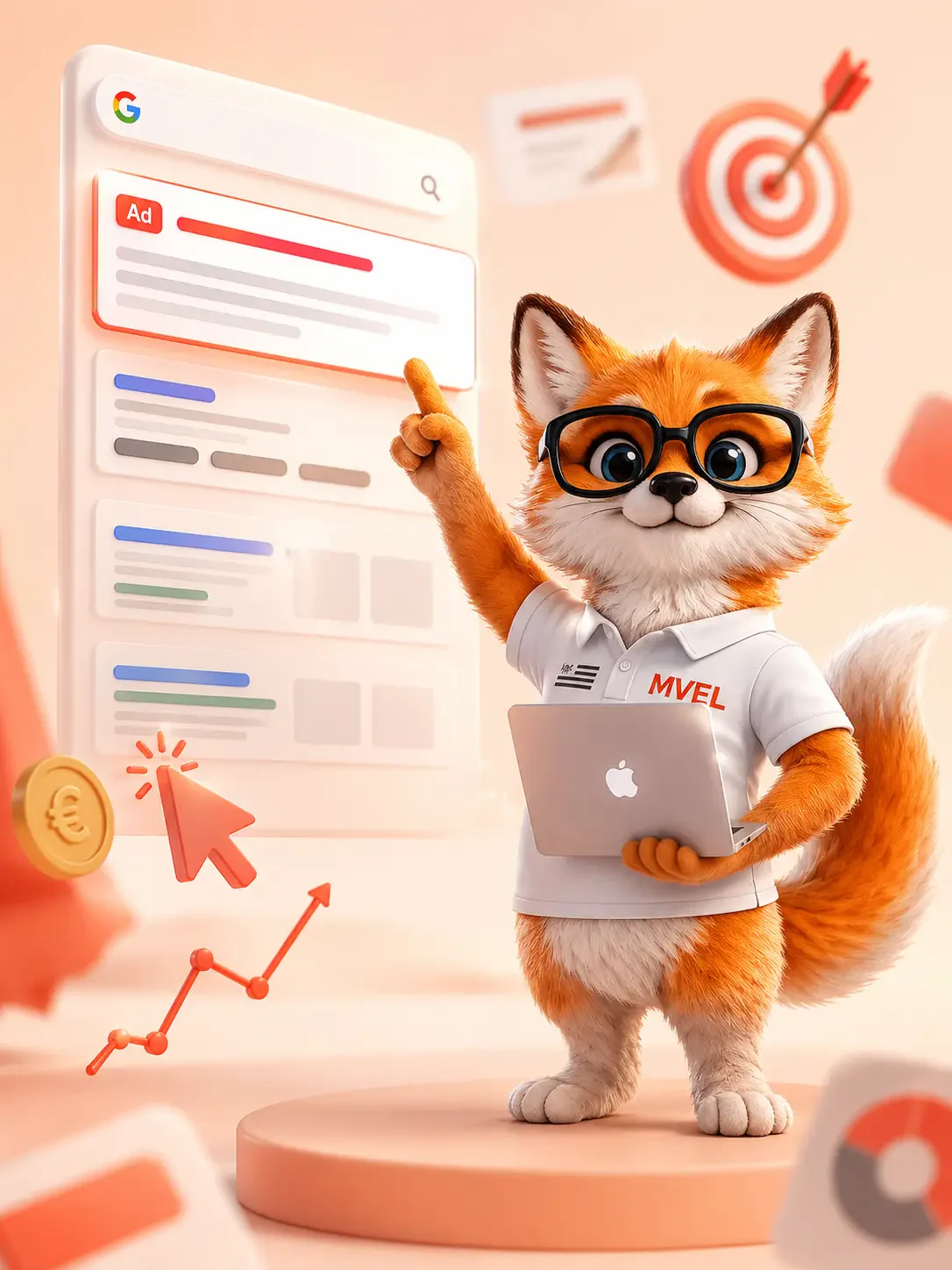 La mascotte renard de Ma Vitrine En Ligne montre une annonce en tête des résultats de recherche