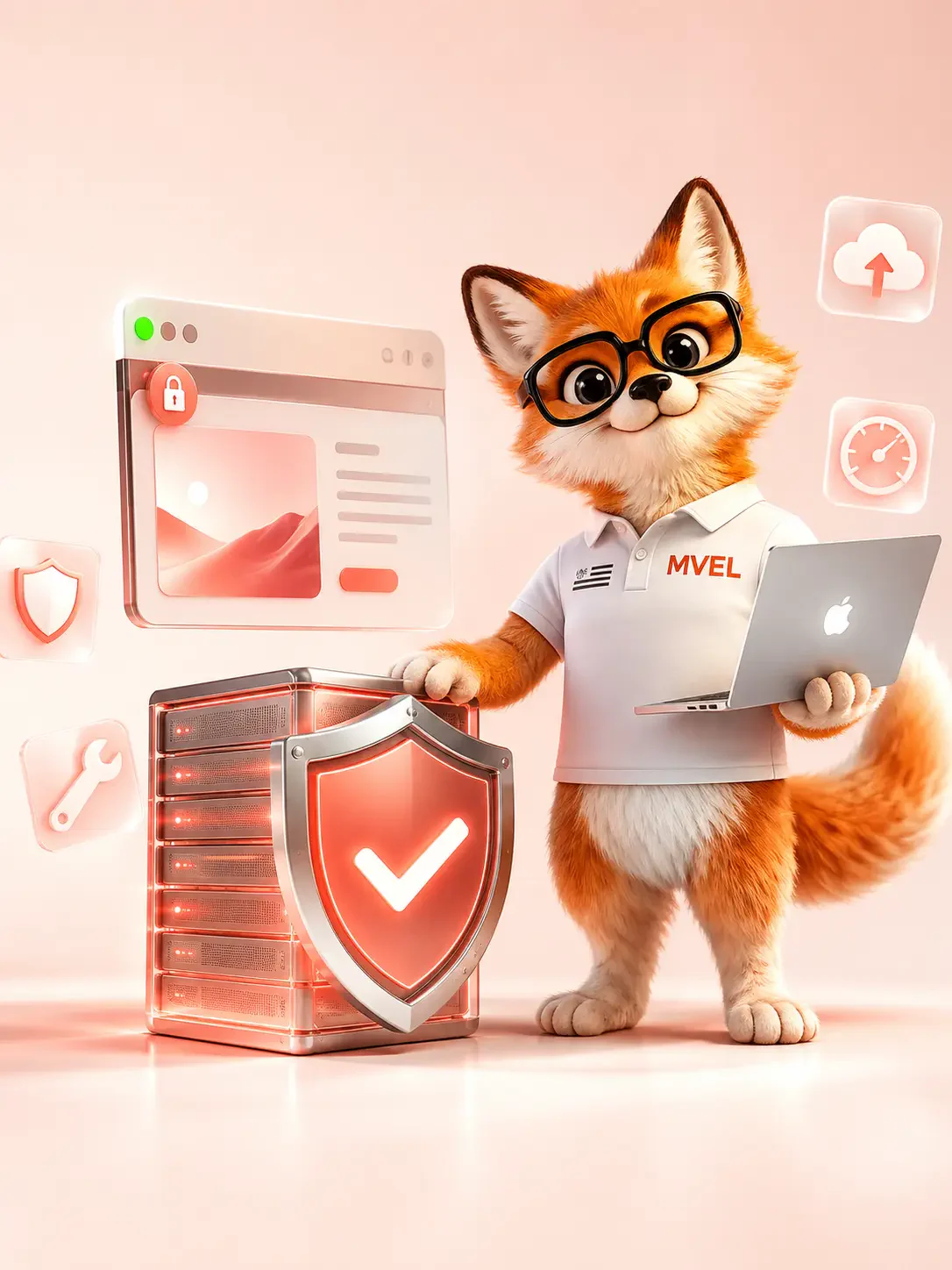 La mascotte renard de Ma Vitrine En Ligne à côté d'un serveur protégé par un bouclier