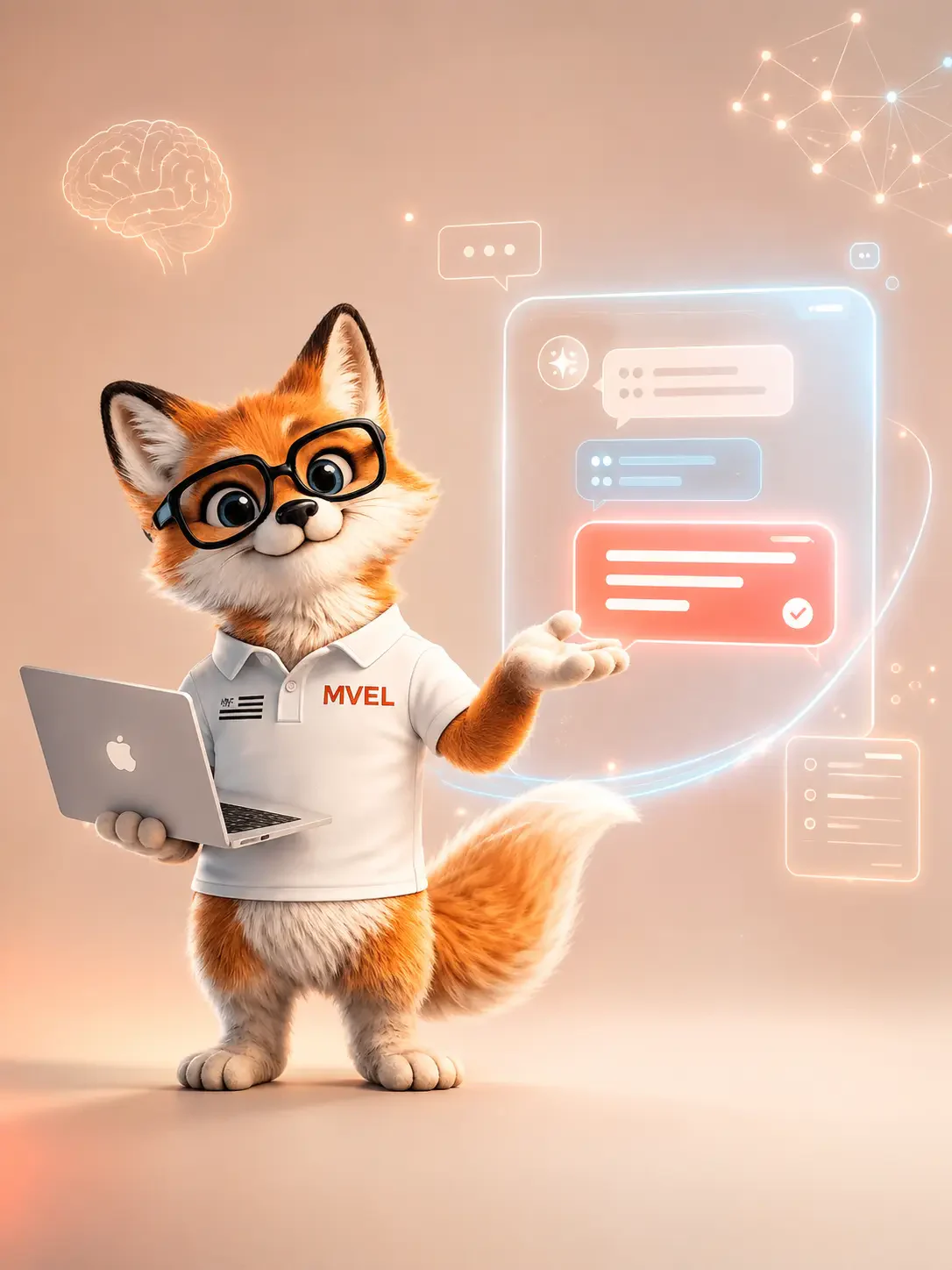 La mascotte renard de Ma Vitrine En Ligne devant une fenêtre de conversation avec une intelligence artificielle