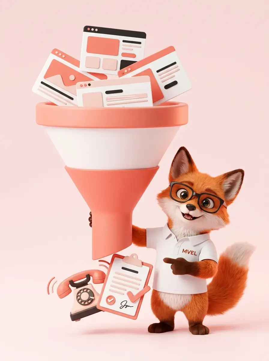 La mascotte renard de Ma Vitrine En Ligne à côté d'un entonnoir : des pages web entrent en haut, un téléphone et un devis signé sortent en bas