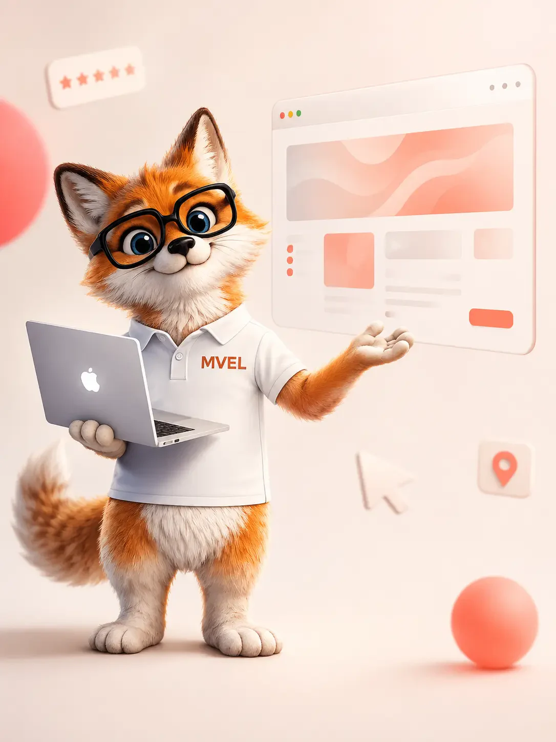 La mascotte renard de Ma Vitrine En Ligne présente la maquette d'un site internet
