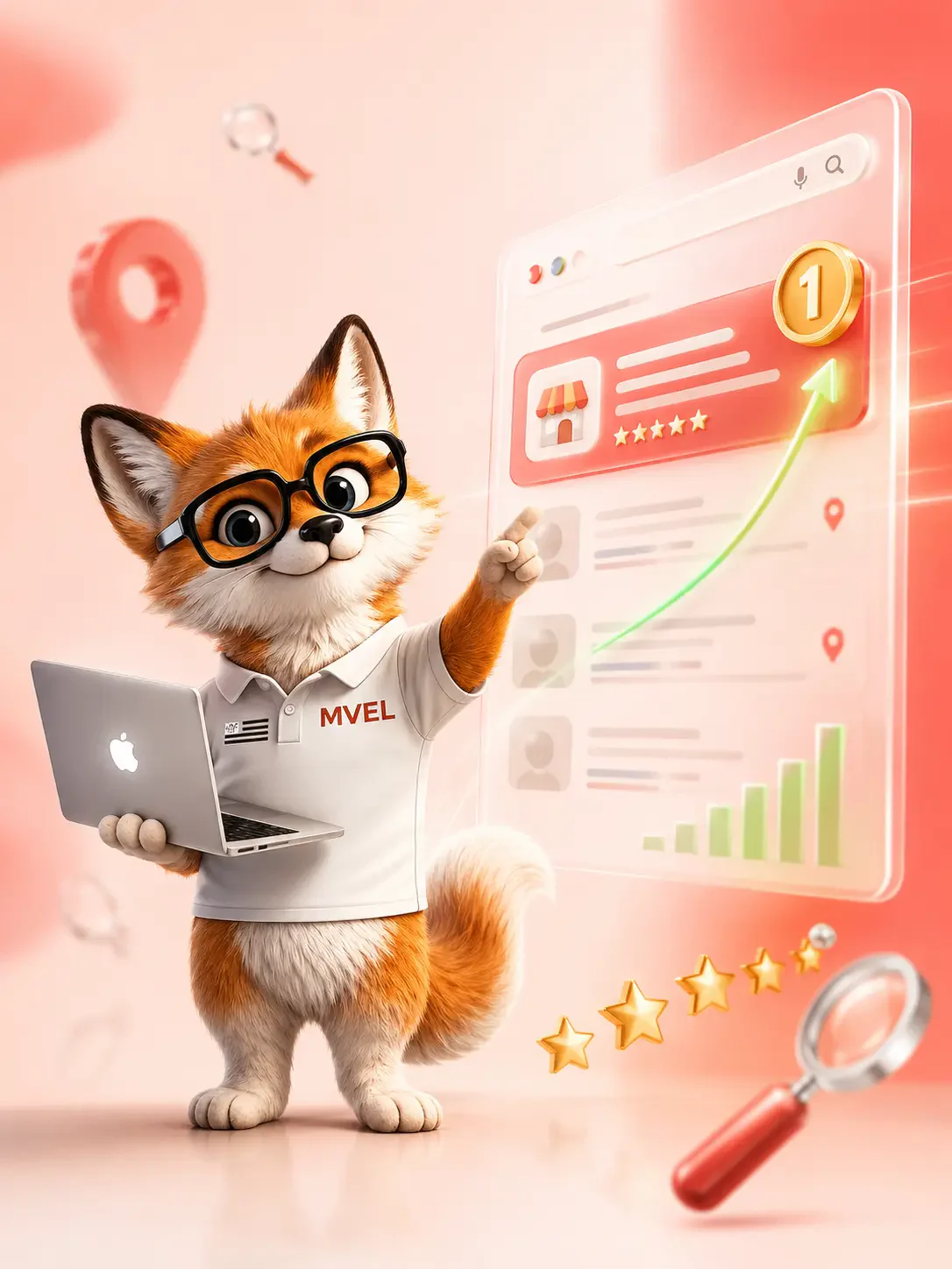 La mascotte renard de Ma Vitrine En Ligne montre une page de résultats de recherche et une courbe en hausse