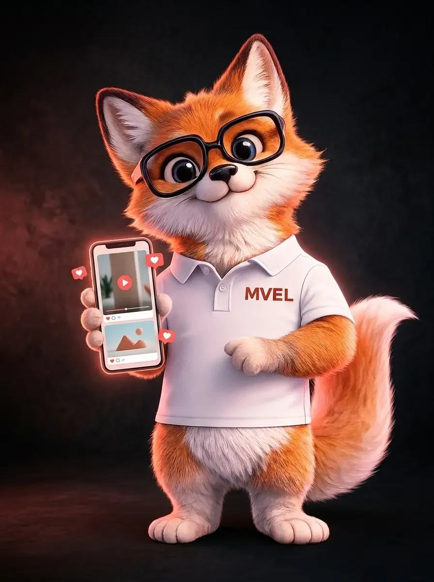 La mascotte renard de Ma Vitrine En Ligne montre un smartphone qui affiche une publicité vidéo et une publicité photo