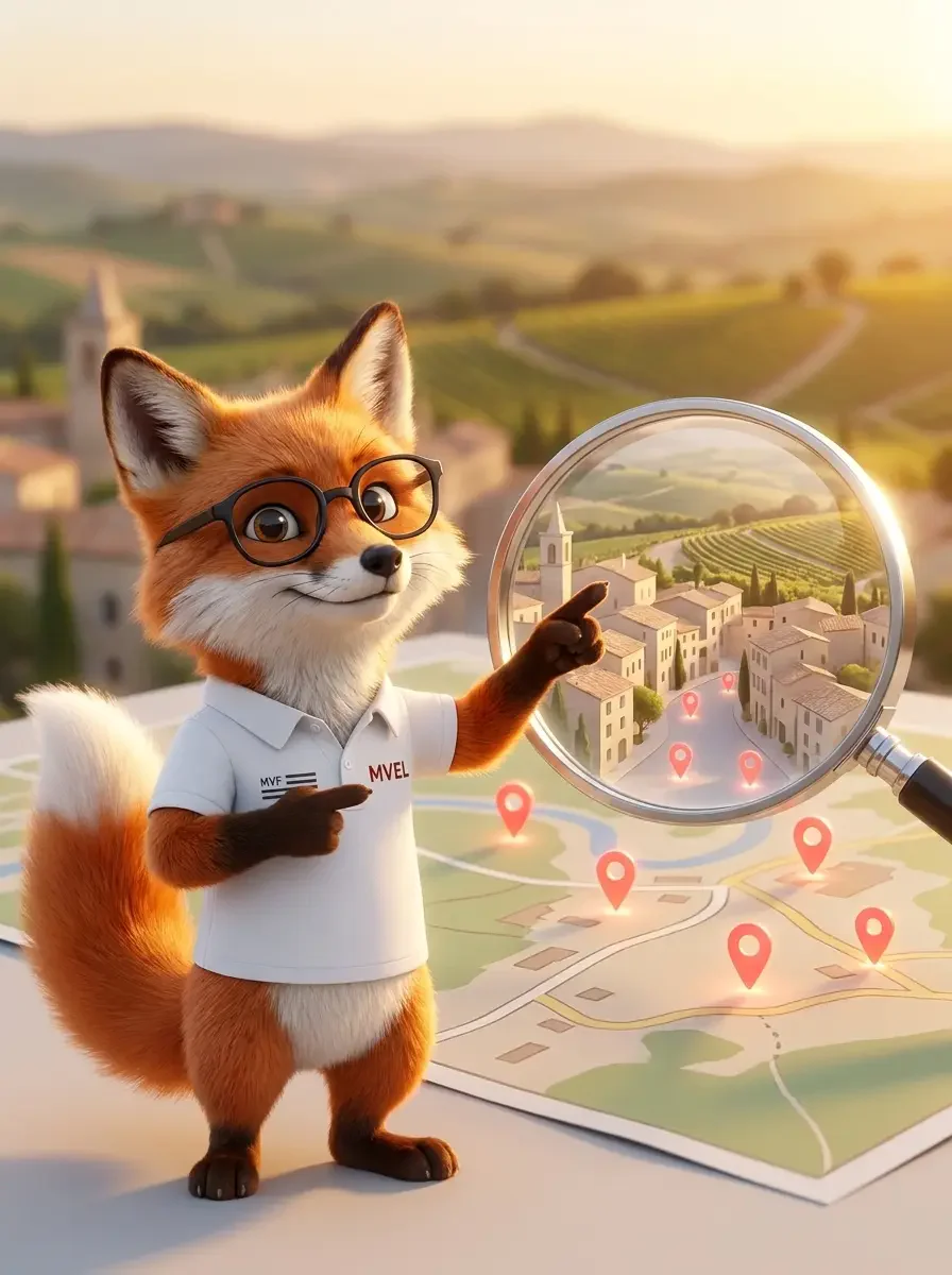 La mascotte renard de Ma Vitrine En Ligne, une loupe à la main au-dessus d'une carte, dans les vignes des Corbières