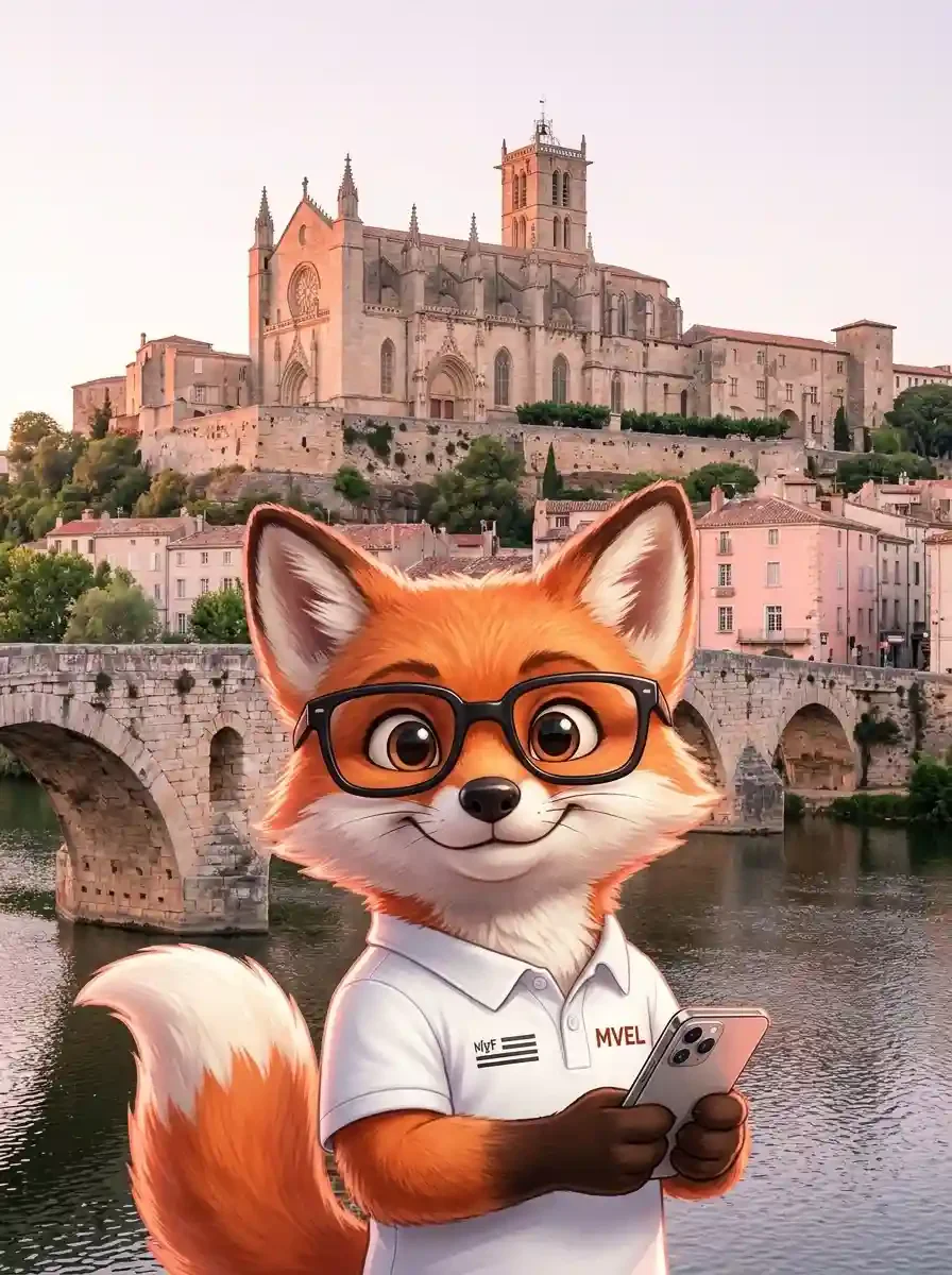 La mascotte renard de Ma Vitrine En Ligne, smartphone en main, au bord de l'Orb, devant le Pont Vieux et la cathédrale Saint-Nazaire de Béziers