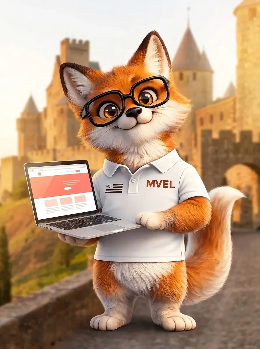 La mascotte renard de Ma Vitrine En Ligne, ordinateur en main, devant la Cité de Carcassonne