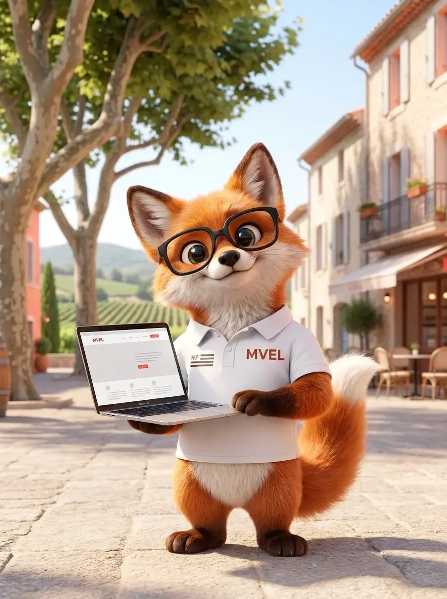 La mascotte renard de Ma Vitrine En Ligne, ordinateur en main, dans une rue de village des Corbières bordée de vignes