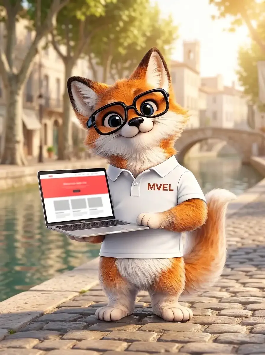 La mascotte renard de Ma Vitrine En Ligne, ordinateur en main, sur les quais du canal de la Robine à Narbonne