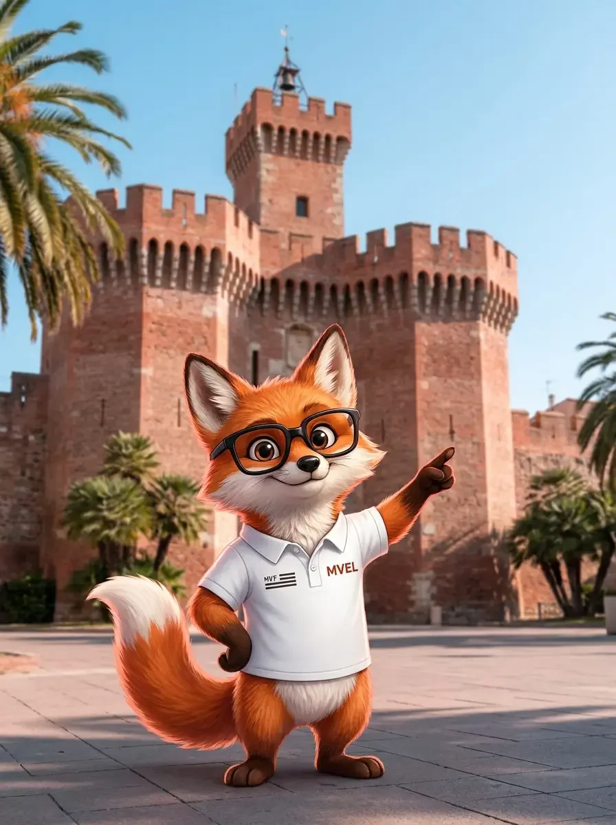 La mascotte renard de Ma Vitrine En Ligne devant le Castillet de Perpignan, entouré de palmiers
