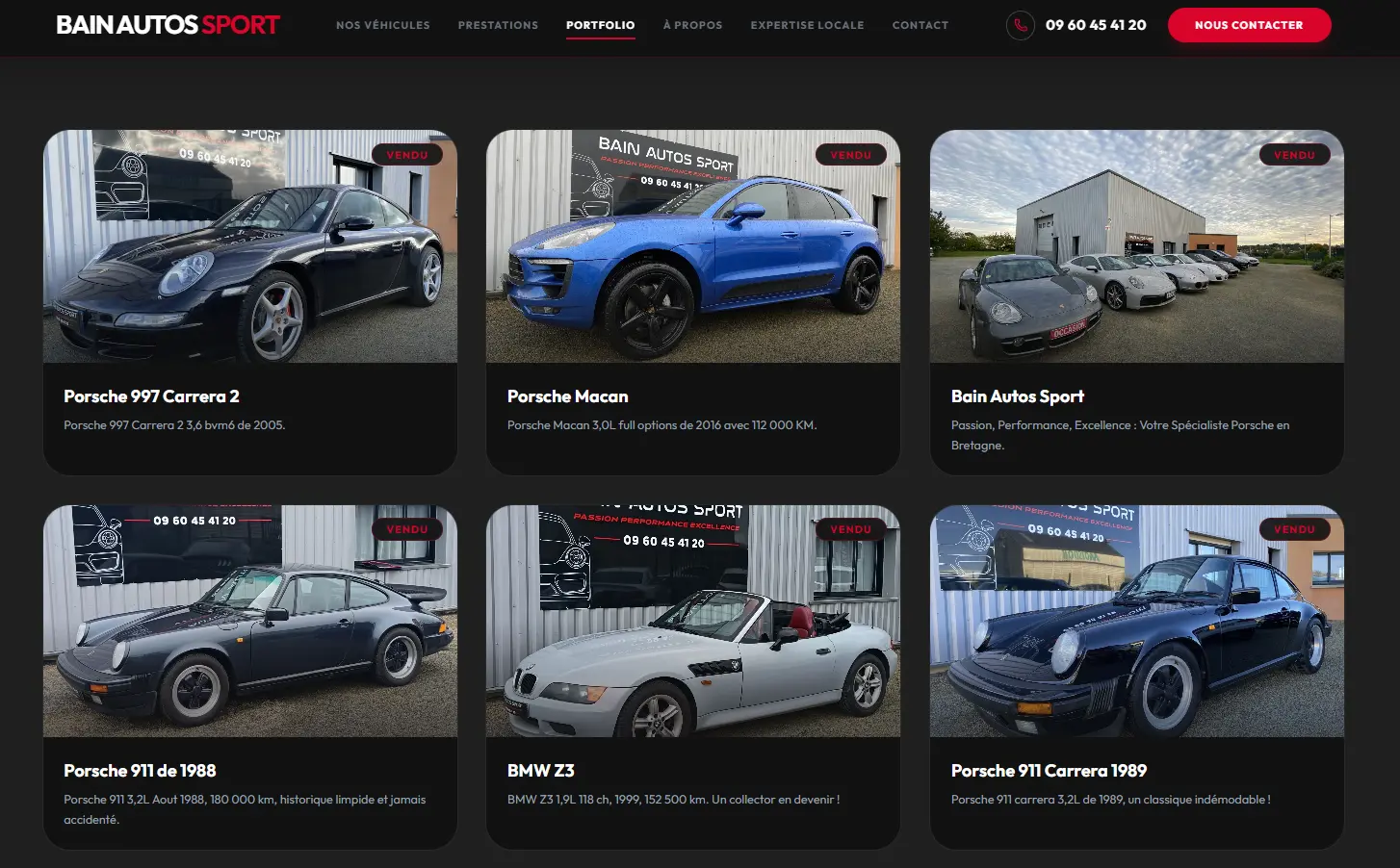 Galerie de véhicules avec fiches détaillées site internet bain autos sport