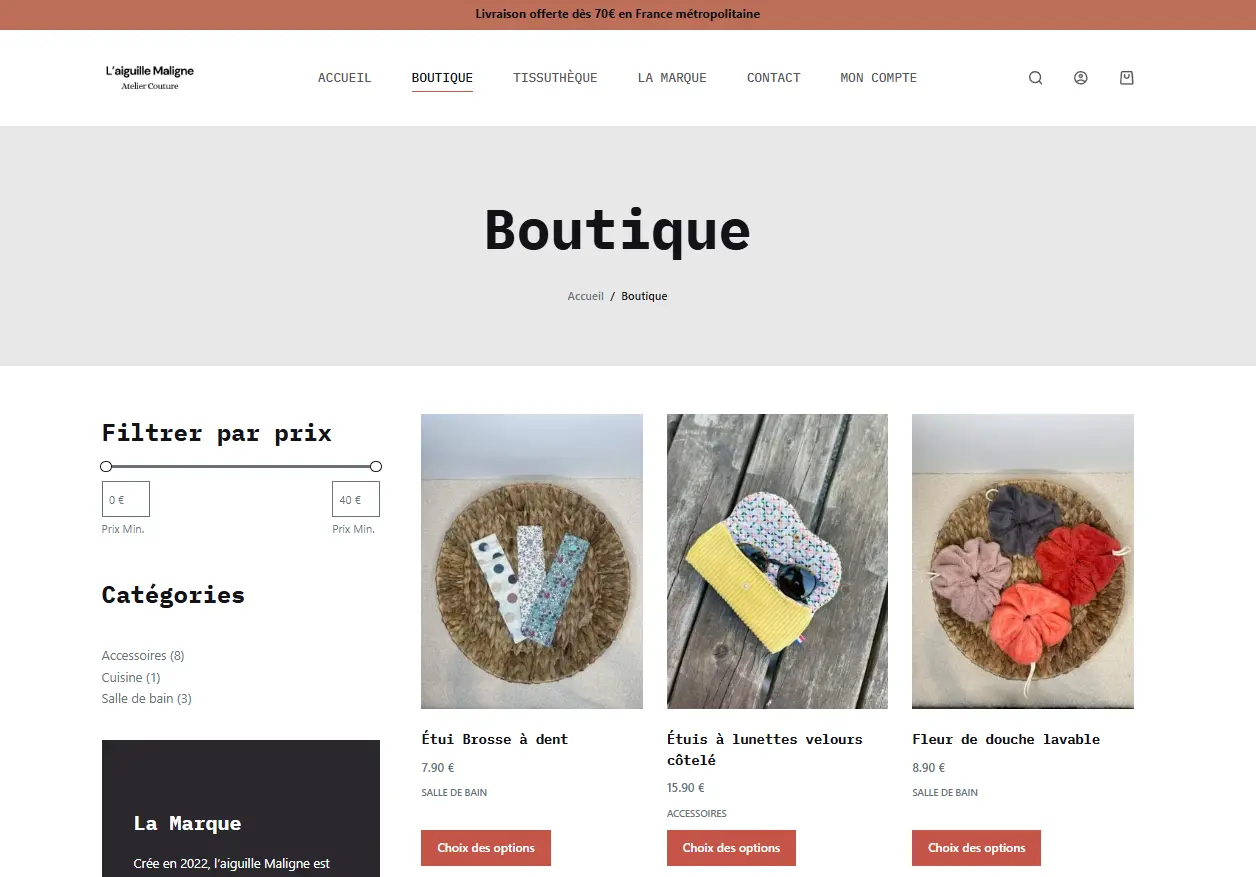 Boutique en ligne et galerie de créations — site L'Aiguille Maligne Arzal (56) — MVEL agence web Morbihan