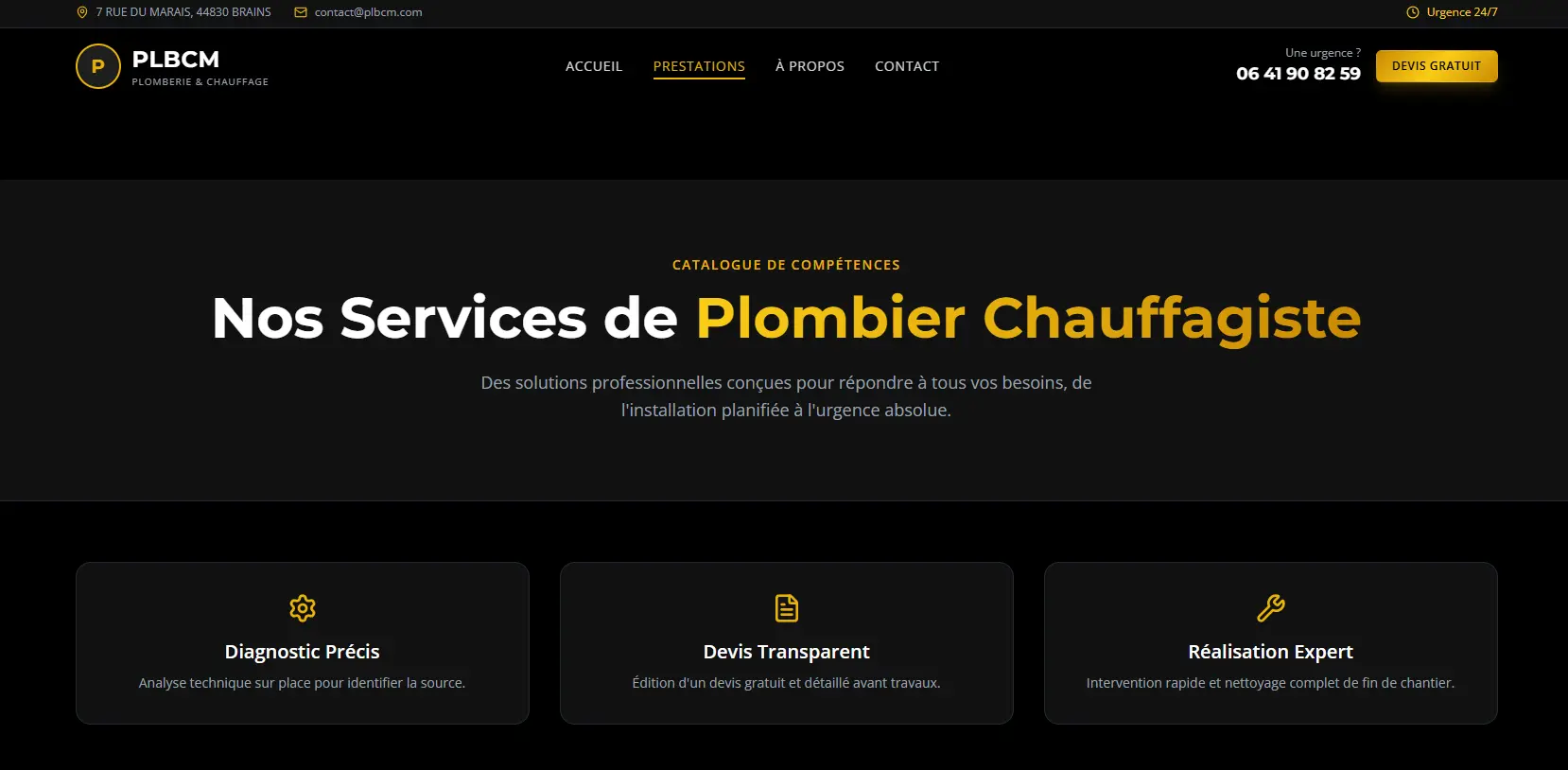 Pages services plomberie chauffage dépannage — site PLBC & M Brains (44) créé par MVEL