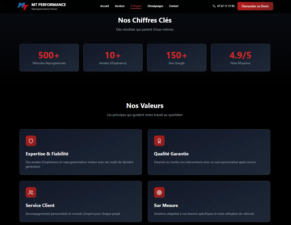 Pages services reprog moteur et diagnostic électronique — site MT Performance Saint-Avé (56) créé par MVEL