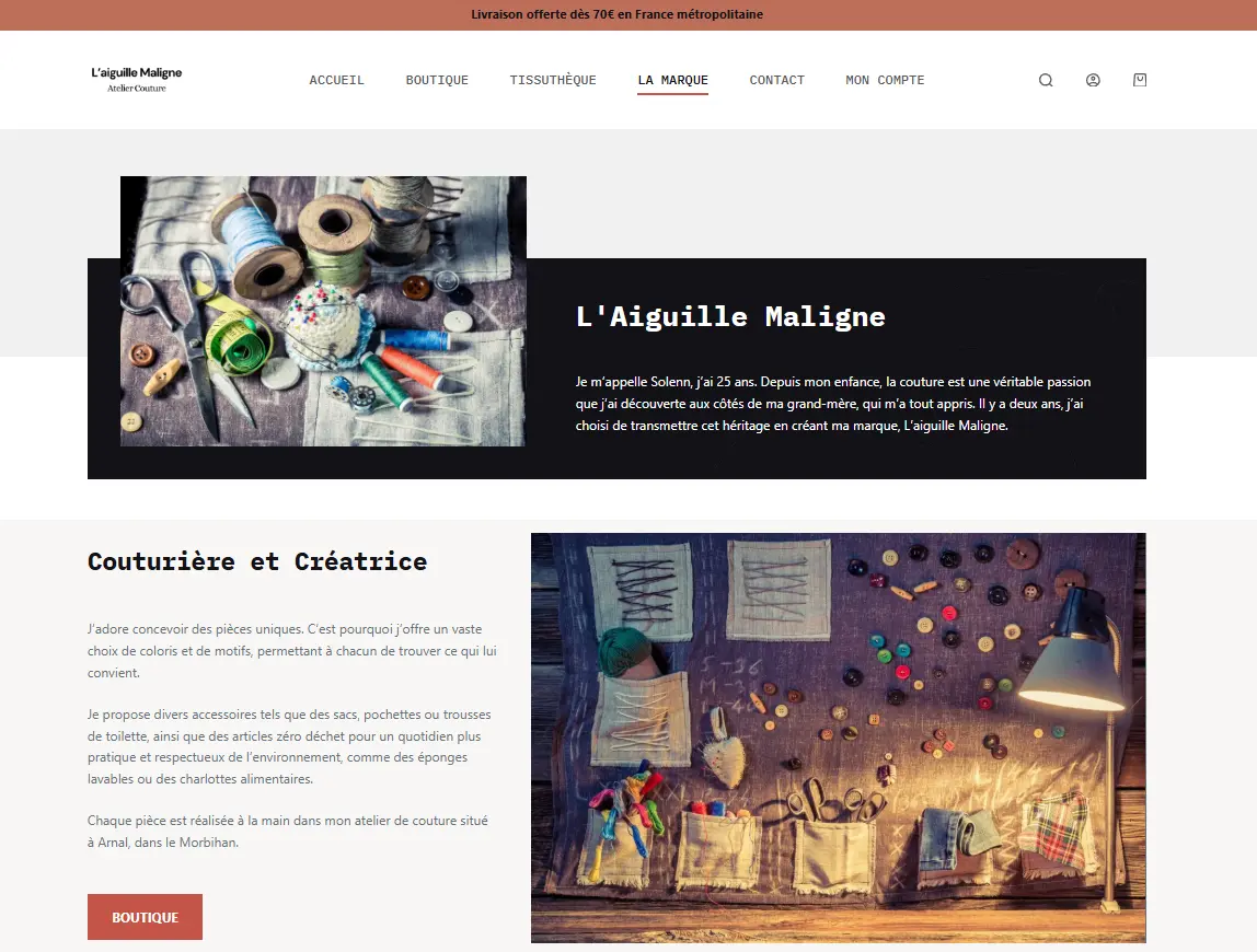 Version mobile responsive site L'Aiguille Maligne — couturière Arzal Morbihan — création MVEL