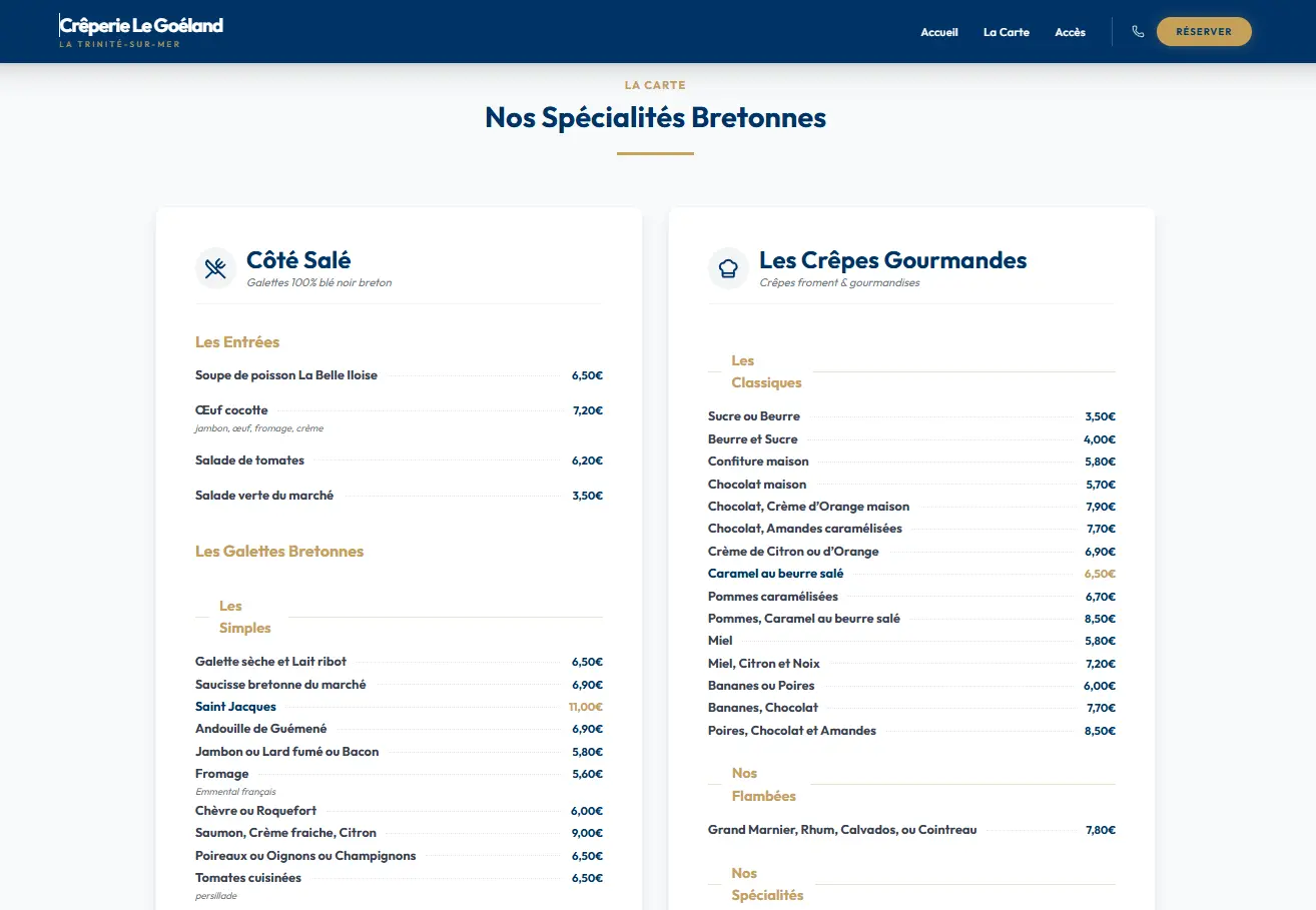 Version mobile responsive site Crêperie Le Goéland — La Trinité-sur-Mer Morbihan — création MVEL