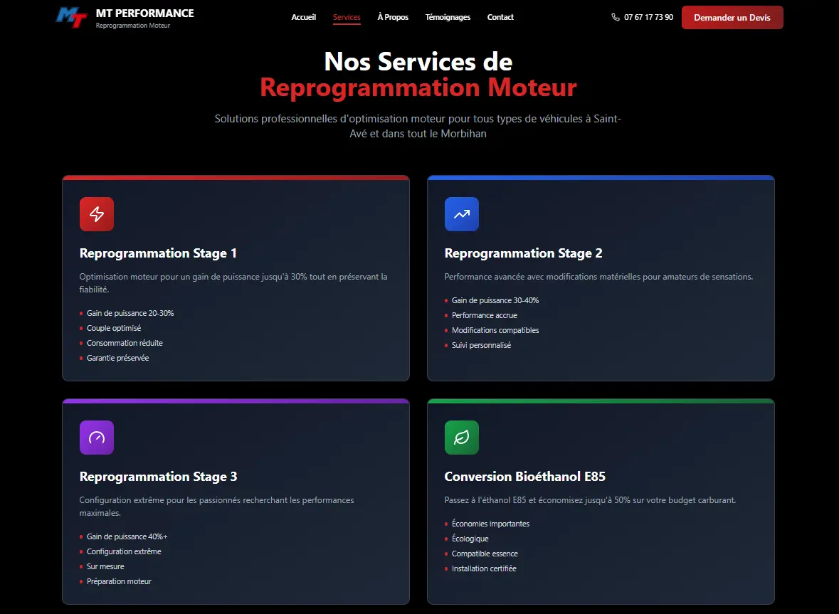 Version mobile responsive site MT Performance — reprog moteur Saint-Avé Morbihan — création MVEL agence web