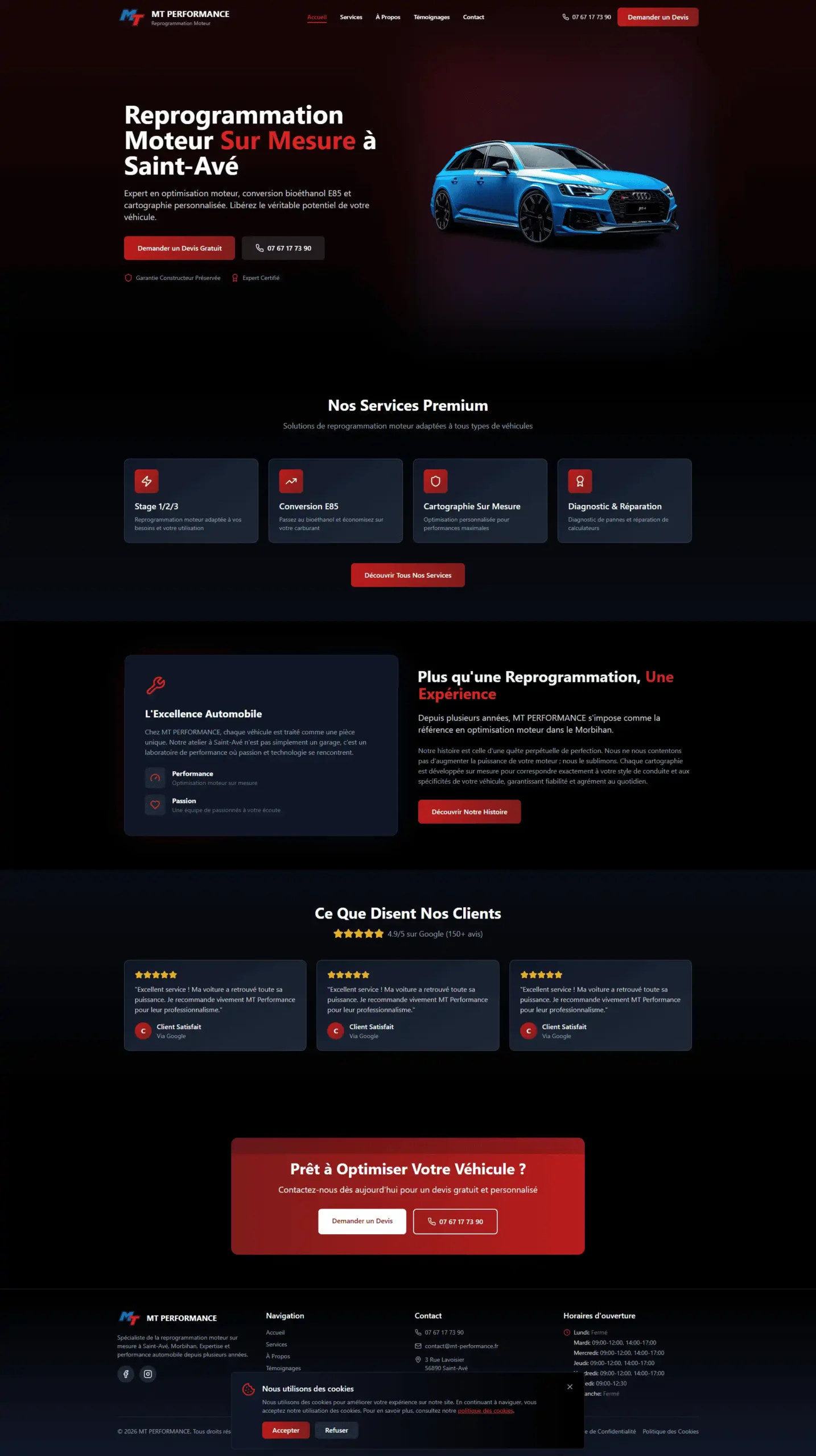 Site internet MT Performance — spécialiste reprog moteur à Saint-Avé (56) — créé par MVEL agence web Morbihan