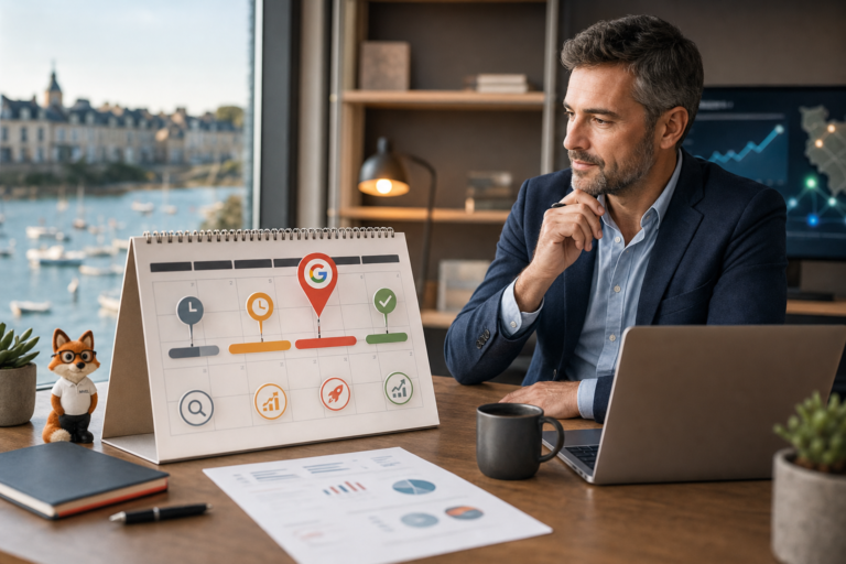 délai référencement google – Renard MVEL devant un calendrier illustrant les délais de référencement Google