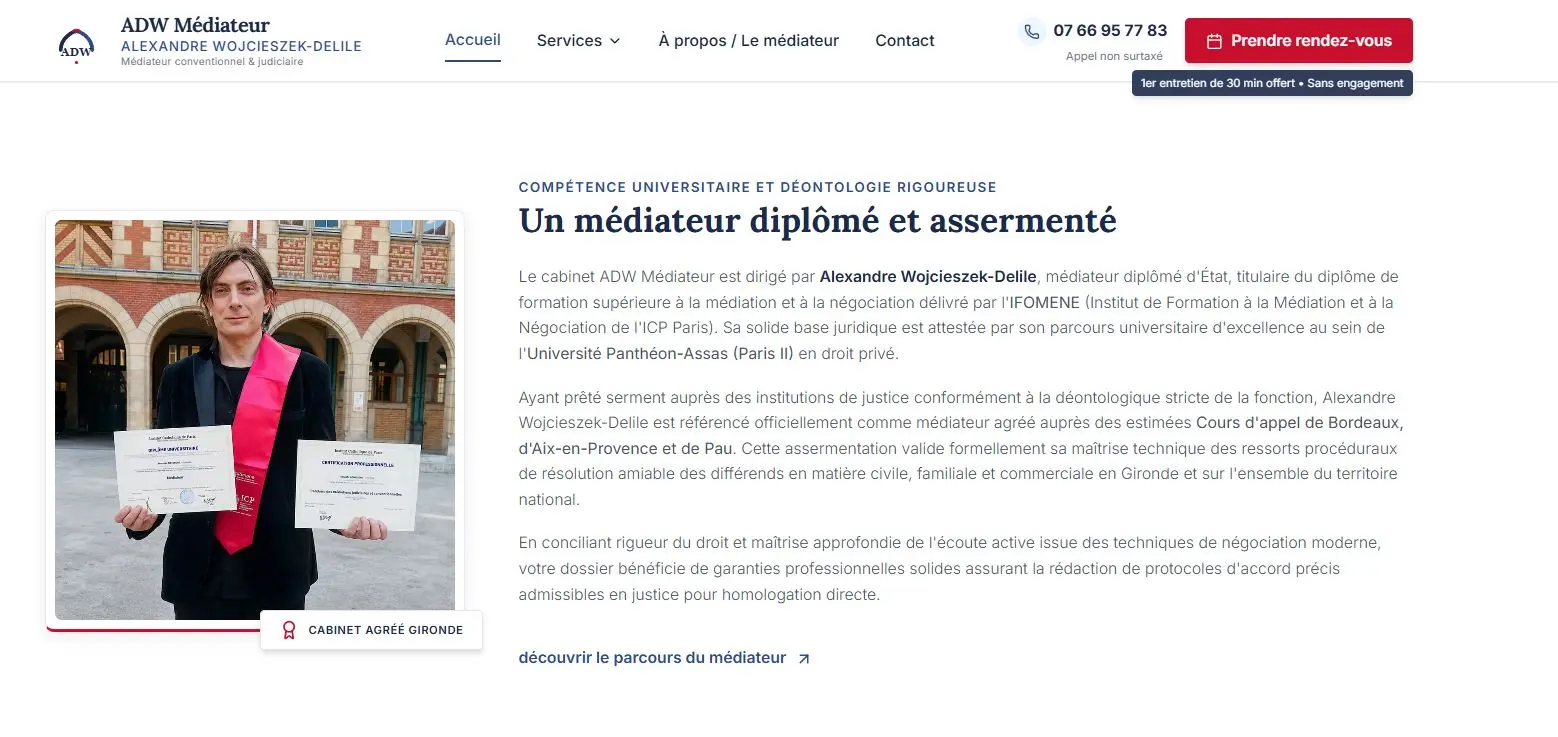 Page de présentation d'Alexandre Wojcieszek-Delile, médiateur conventionnel et judiciaire diplômé de l'IFOMENE