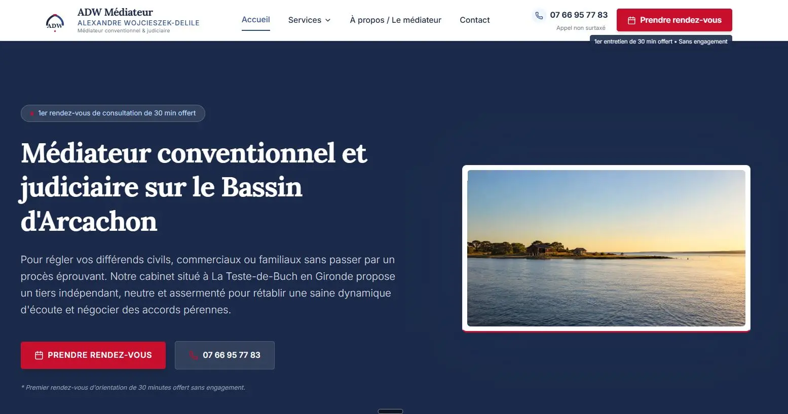 Page d'accueil du site internet d'ADW Médiateur, médiateur sur le Bassin d'Arcachon, créé par MVEL