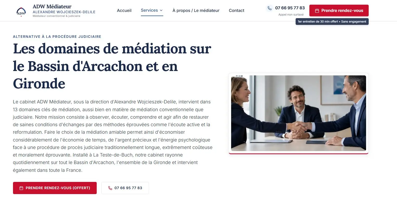 Page des 13 domaines de médiation du site d'ADW Médiateur optimisée pour le référencement local en Gironde
