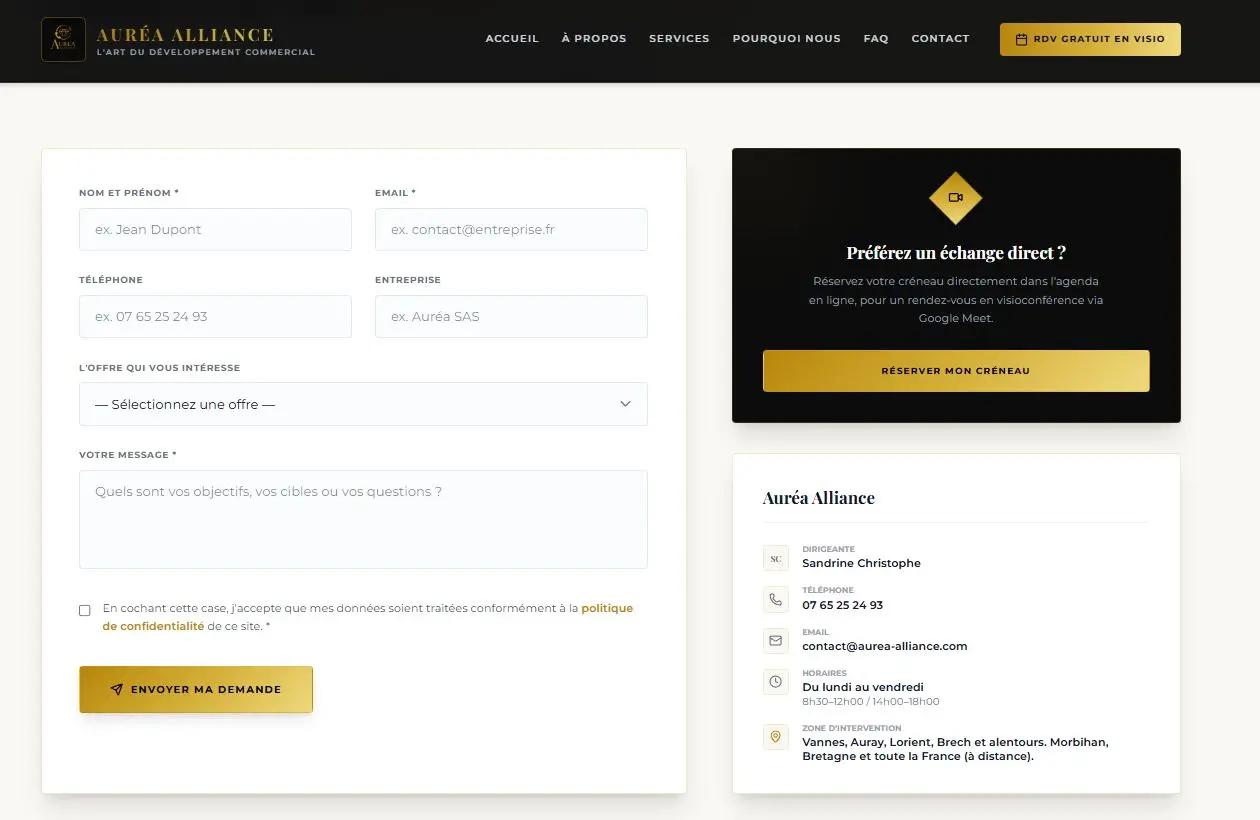 Module de réservation de rendez-vous en visio intégré au site one-page d'Auréa Alliance