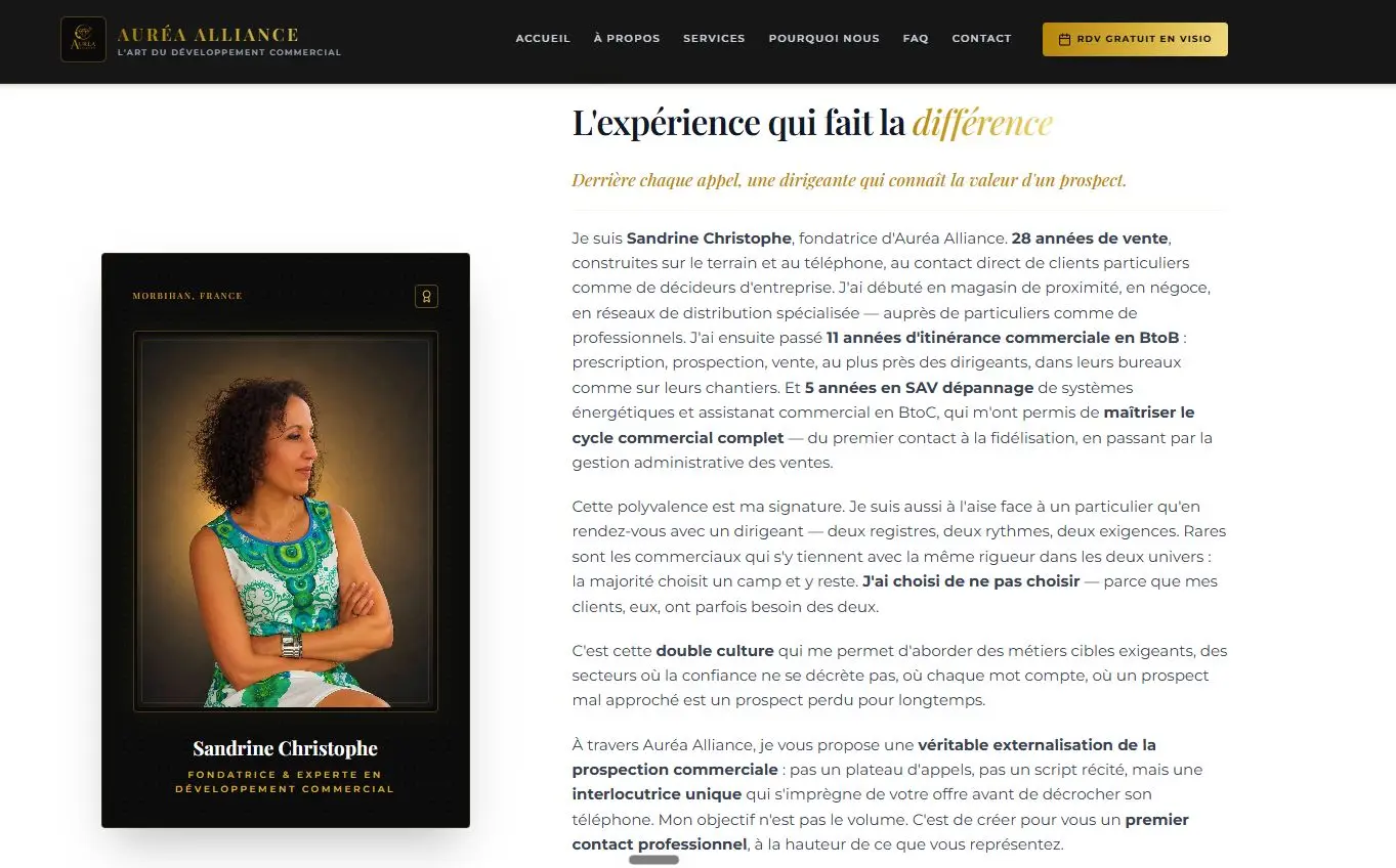 Section À propos du site d'Auréa Alliance présentant Sandrine Christophe et ses 28 ans d'expérience commerciale