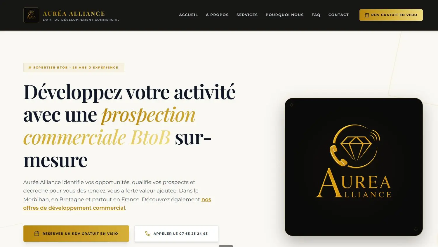 Site internet one-page d'Auréa Alliance, prospection commerciale BtoB dans le Morbihan, créé par MVEL
