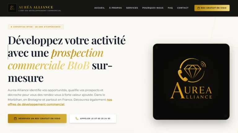 Site one-page d'Auréa Alliance, prospection commerciale BtoB dans le Morbihan, créé par MVEL