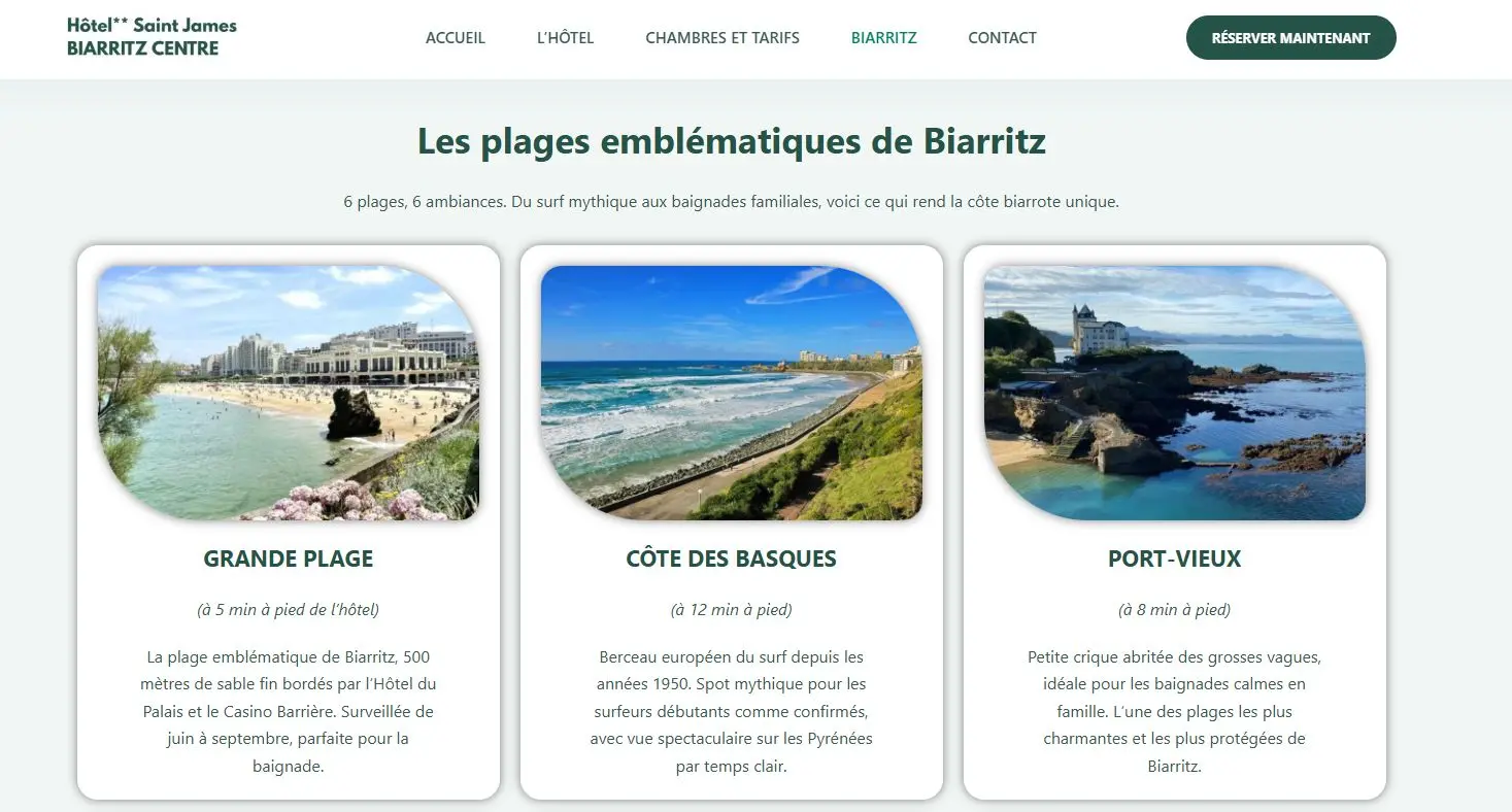 Page de contenu local Biarritz du site de l'Hôtel Saint James optimisée pour le référencement touristique