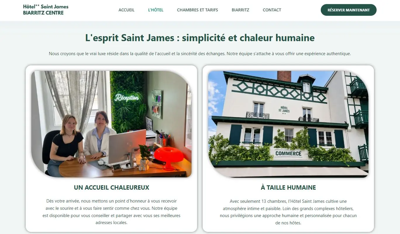Page de présentation de l'Hôtel Saint James, hôtel 2 étoiles de 13 chambres en centre-ville de Biarritz