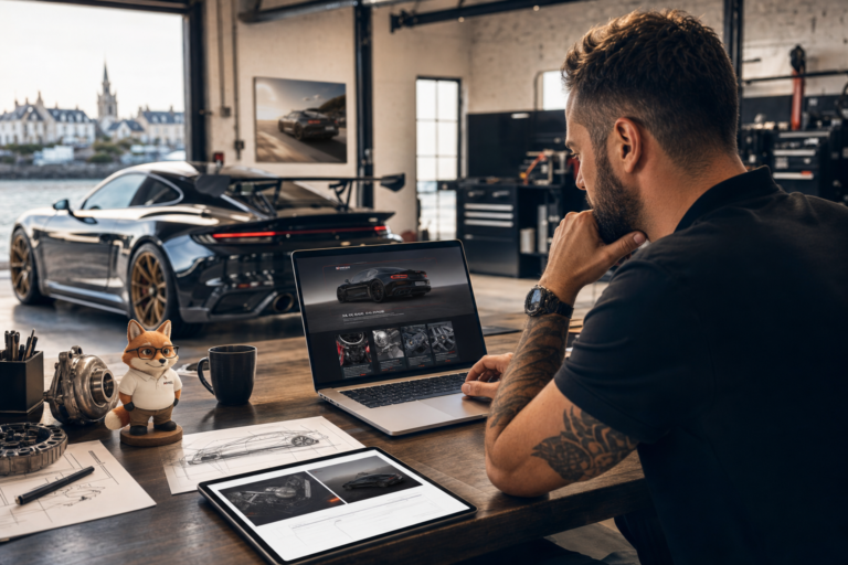 site internet garage – Renard MVEL devant le site d'un préparateur automobile du Morbihan