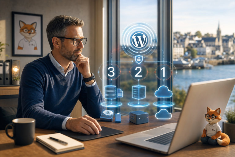 sauvegarde WordPress 2026 – Schéma de la stratégie 3-2-1 appliquée à un site WordPress